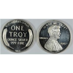 ( 2 ) LINCOLN WHEAT CENT REPLICA ONE OUNCE .999 SILVER ROUNDS