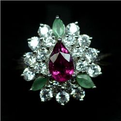 WHITE GOLD OVER STERLING SILVER EMERALD, RUBELLITE RING