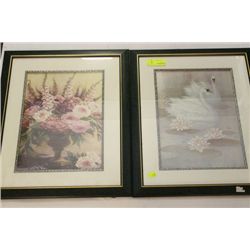 SET OF TWO SWAN AND FLOWER PICTURES