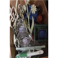 BOX OF MISC. (PARTY LIGHTS, CANDLE HOLDERS, ETC.)