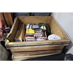 WOOD CRATE WITH VHS/CAMP COOLER/ETC.