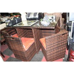 RATTAN STYLE GLASS TOP PATIO TABLE W 6 NESTING
