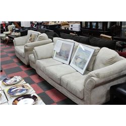 USED WHITE MICROFIBRE SOFA /LOVE SEAT AND OTTOMAN