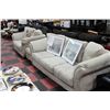 Image 1 : USED WHITE MICROFIBRE SOFA /LOVE SEAT AND OTTOMAN