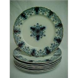 Set of eight flow blue plates, 10" diameter, "Glencoe" by Dunn, Bennett & Co., C. 1875-1907 (one...