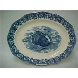 Blue and white transferware turkey platter, marked on back Made in England, 12 56, Wedgwood & Co....