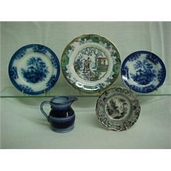 One lot including flow blue "Wheel" pattern creamer 2 3/4" high, unmarked; a mulberry transferwar...