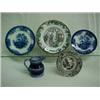 Image 1 : One lot including flow blue "Wheel" pattern creamer 2 3/4" high, unmarked; a mulberry transferwar...