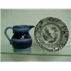 Image 4 : One lot including flow blue "Wheel" pattern creamer 2 3/4" high, unmarked; a mulberry transferwar...