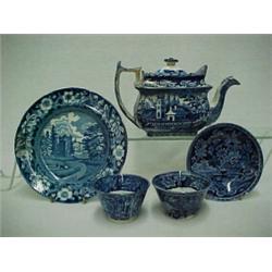 One lot of historic blue Staffordshire including teapot with lid, (some loss and repair) unmarked...