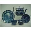 Image 1 : One lot of historic blue Staffordshire including teapot with lid, (some loss and repair) unmarked...