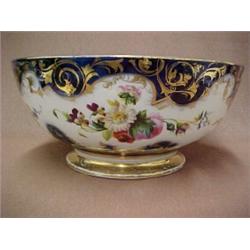 Old Paris porcelain washbowl, hand painted dahlia and morning glories with gilt and cobalt decora...