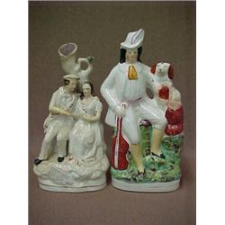 Two Staffordshire figures including figural spill of man and woman seated under tree, with poetry...