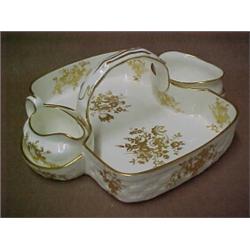 Hammersley & Co. English bone china dessert basket with fitted creamer and sugar, gold floral dec...