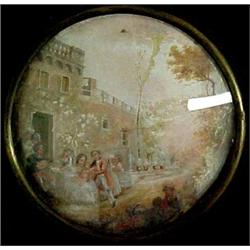 Miniature watercolor or gouache painting on silk or finely woven cotton, landscape with building...