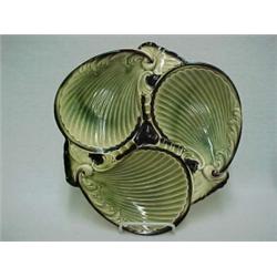 Lefton oyster server, in green, brown, and cream glaze, 12 1/2" diameter, Lefton paper label on b...