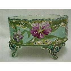 Moriage footed planter, enameled and hand painted floral decoration, round form on four feet, 8"...
