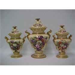 A set of three covered Copeland & Garrett urns, porcelain with gilt and painted decoration, fruit...