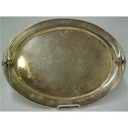 Large hammered Danish sterling silver tray, serving tray with stylized leaf handles with grapes,...