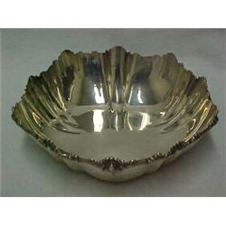 Sterling silver serving bowl, raised line and plume rim decoration on shaped round form, initiale...