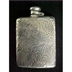 Tiffany sterling silver flask, Art Nouveau raised leaf and swirl design on front, raised sylized...