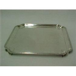English sterling silver square tray with notched corners on raised rim and four notched feet, mar...