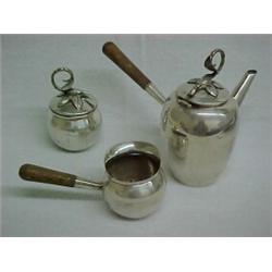 Sterling silver signed Mexican Coffee Server, Creamer & Sugar, coffee server with wood handle, hi...