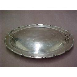 Signed Mexican sterling silver covered serving tray, oval tray with decorative edge and inset han...