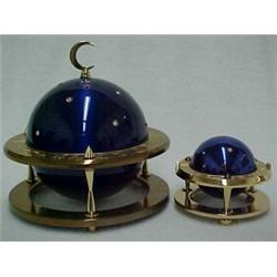 Two piece enameled, jeweled and brass smoking set. Cigarette holder with crescent moon finial, gl...