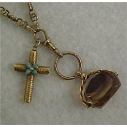 Lady's Victorian 9K gold watch chain with cross and fob, 44" fancy link chain with faceted smoky...