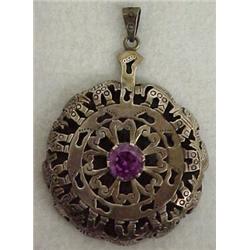 Signed Mexican sterling silver pendant with purple stone, large round silver pendant 2 3/4" in di...