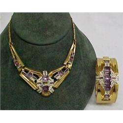 Mc Clelland Barclay necklace and bracelet set, Art Deco goldtone hinged bangle bracelet with emer...