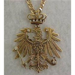 14K gold WWI Prussian Heraldic Eagle with chain, 1 1/2" by 2" long crowned eagle set with fourtee...
