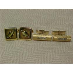 Two pair of 14K gold cufflinks, one brushed gold with five small diamonds, 1" x 5/16" wide and on...