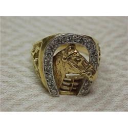 14K gold and diamond horse motif ring, 14K yellow gold with horse head in relief, surrounded by h...