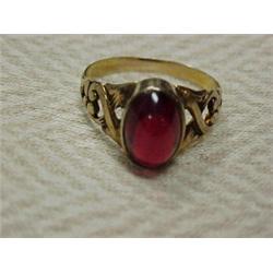 Victorian cabochon garnet ring, 10K yellow gold ring with bezel set cabochon garnet and stylized...