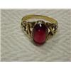 Victorian cabochon garnet ring, 10K yellow gold ring with bezel set cabochon garnet and stylized...