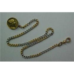 14K white and yellow gold watch chain, 11" chain with vest pocket button with Art Nouveau woman's...