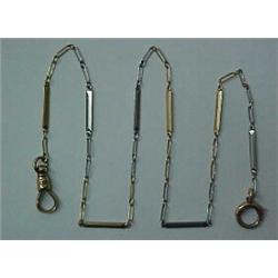 14K white and yellow gold watch chain, 15" oval link and bar chain with jump ring and swivel for...