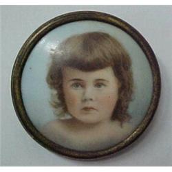 Victorian hand painted porcelain pin, hand painted portrait of a child on round porcelain in bras...