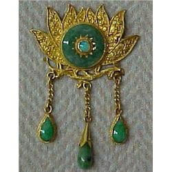Chinese 24K gold, jade and opal pin, lotus design gold pin with center bezel set round jade toppe...