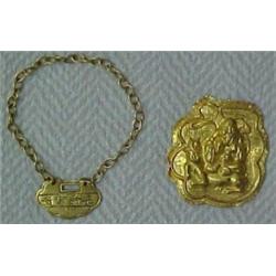 Two Chinese 24K gold medallions, good luck medallion 1 5/8" long with repousse figure of seated m...
