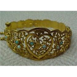 Chinese 24K gold and opal bracelet, hinged bangle bracelet with heart and bird motif, open work d...