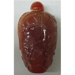 Carved agate snuff bottle, 2 3/4" high orange banded agate with carved butterflies and leaves, wi...