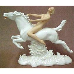 Schaubach Kunst German Art Deco figurine of a nude woman riding horse, early 20th C., measures 8...