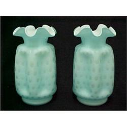 A pair of thumbprint satin case glass vases with ruffled rims and pinched ovoid form 8 " high ...