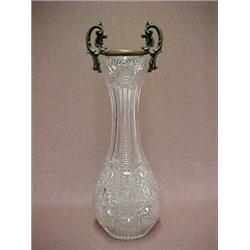 American brilliant cut glass vase with gilt metal rim and handles, hobstar design, 15 3/4  high,...