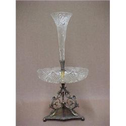 Cut glass and silver plated epergne, single glass horn mounted in center of glass bowl, diamond a...