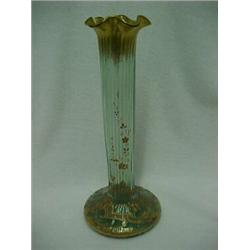 Art Nouveau green glass vase, ruffled rim with gilt enameling over ridged elongated neck on gilt...