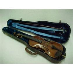 Full size violin in leather case with blue velvet lining, paper label Giovan paolo Maggini, brefc...